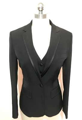 women's black tuxedo jacket with notched lapel lined edge in relaxed style