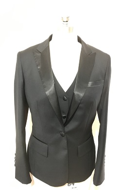 women's black tuxedo with chest pocket and peak lapel